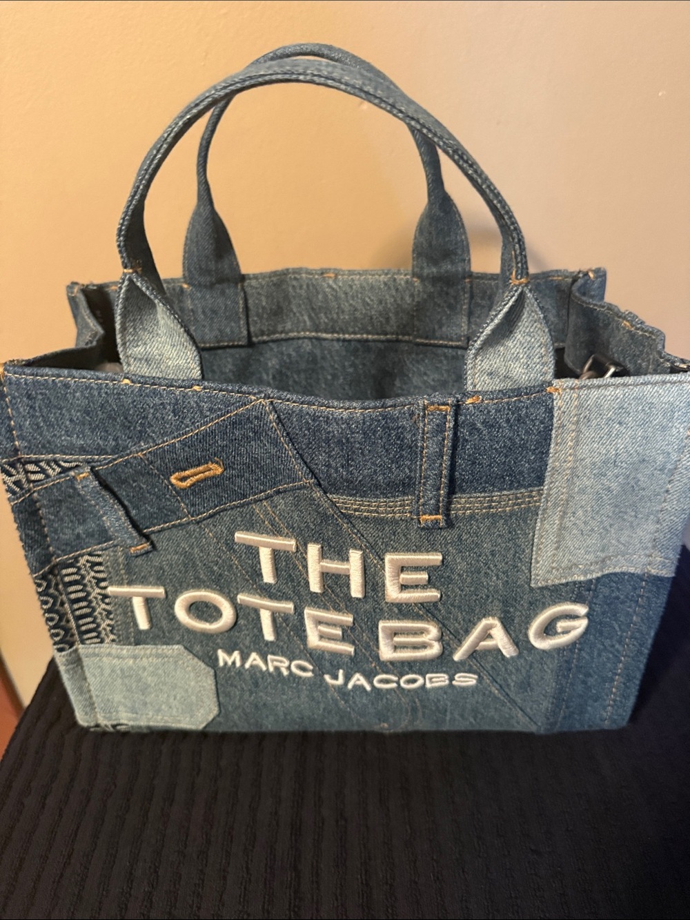 Marc Jacobs Denim Patchwork Tote Bag with White Logo